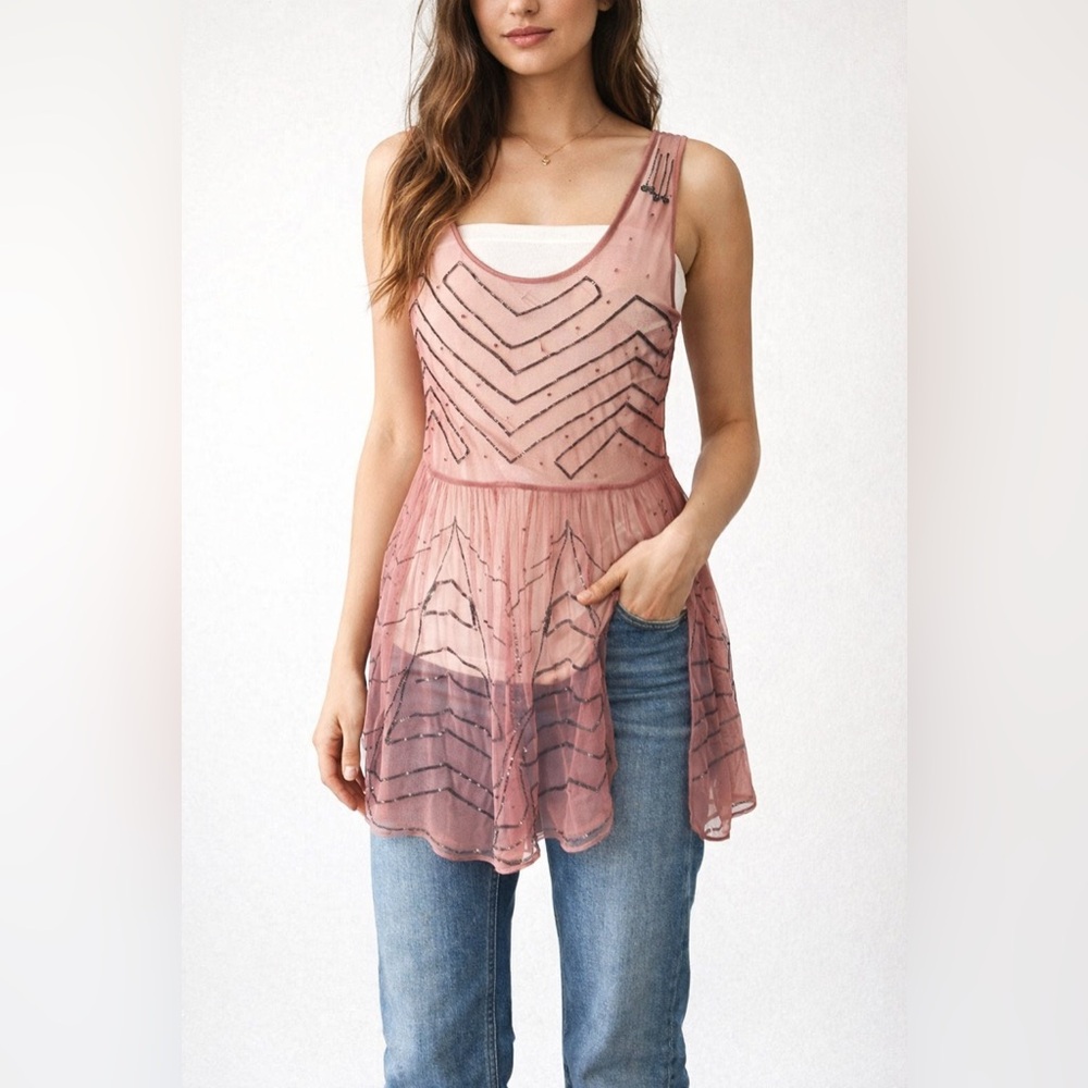 XS Free People Women's Dress Burgundy  Mesh Mini Slip Beaded Tank Boho Sheer
